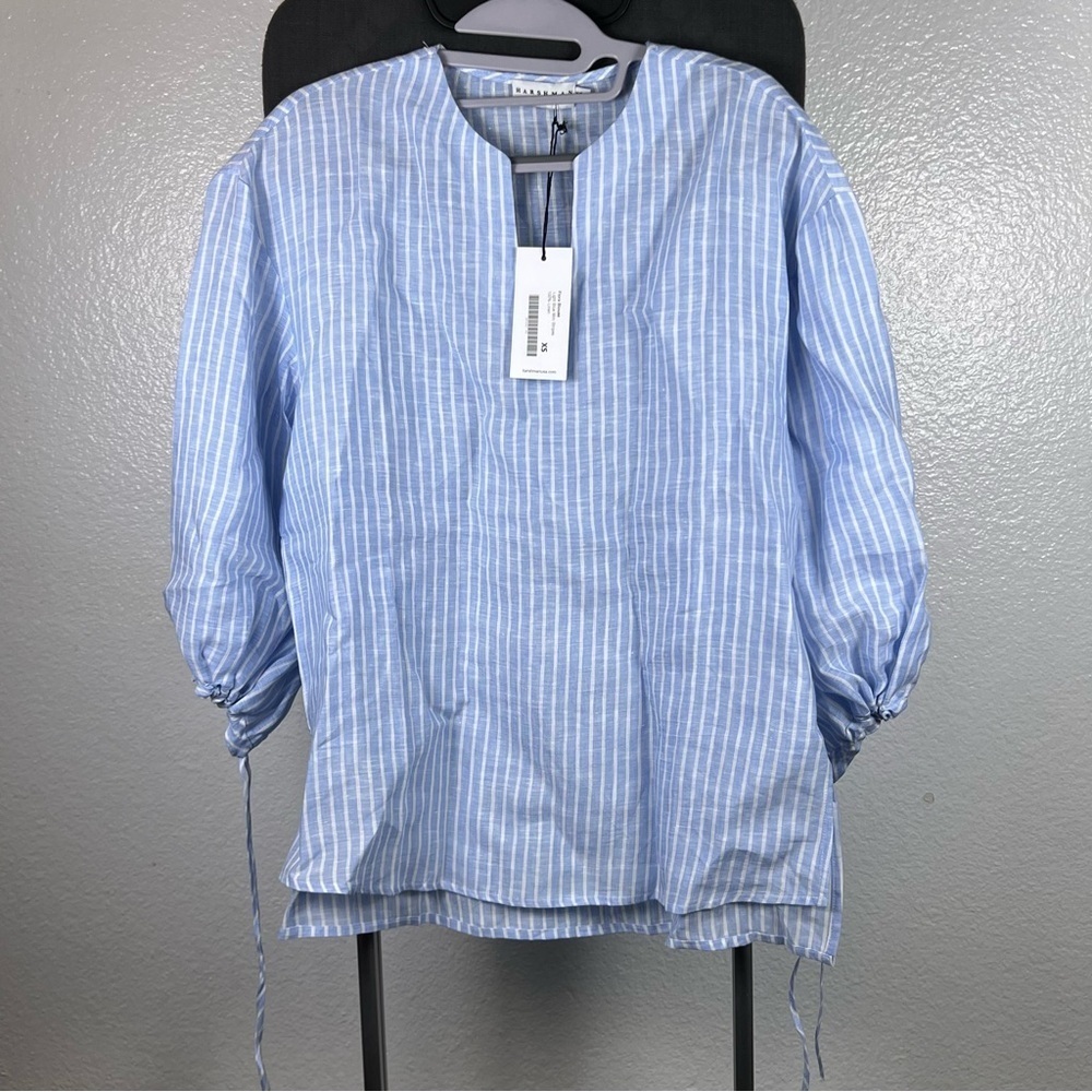 Harshman Women’s Flora Blouse Light Blue Mini Stripes 100% Linen Shirt Size XS